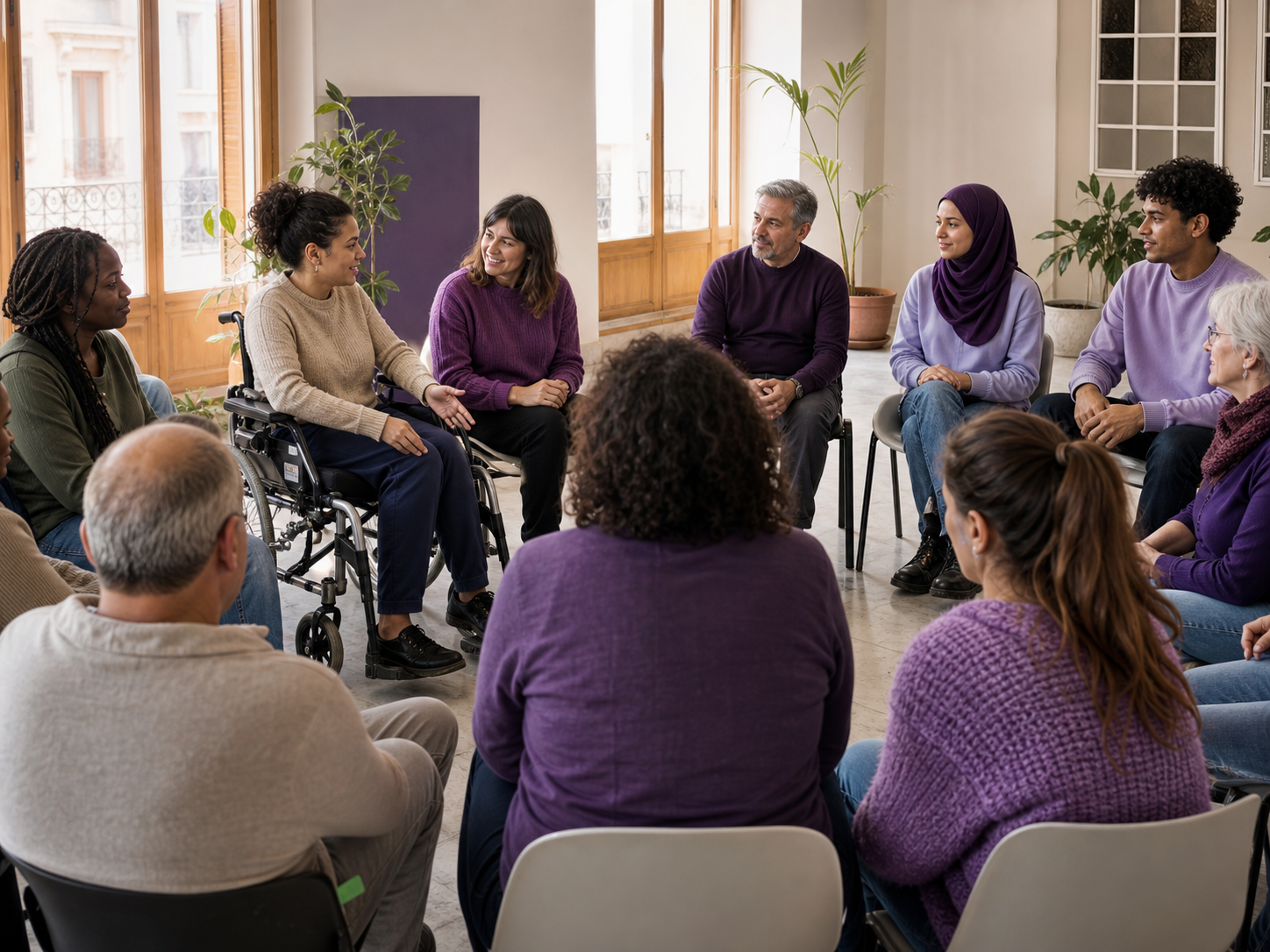 Grup divers dialogant en cercle en un espai comunitari accessible.