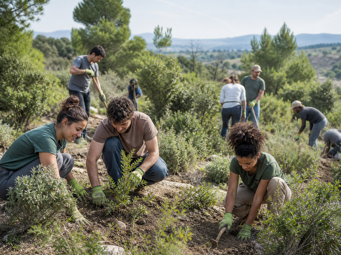 Persones voluntàries plantant espècies autòctones en un entorn mediterrani.